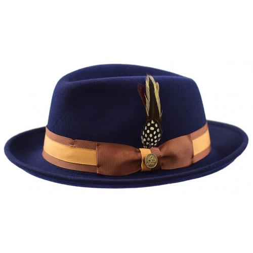 Steven Land Navy Australian Wool Fedora Hat With Camel / Cognac Band SLRA-921